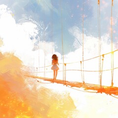 a girl walks across the bridge . flat illustration