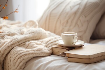 Fototapeta na wymiar relaxing image of a soft knitted blanket draped on the bed, candle, cup of tea. Cozy knit bedroom concept. Hygge style.