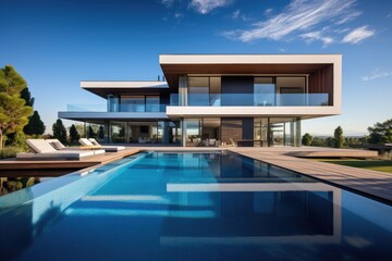 Fototapeta premium A stunning modern house with an expansive swimming pool, creating the perfect space for relaxation and enjoyment, Pool attached to the home with a clear sky, AI Generated