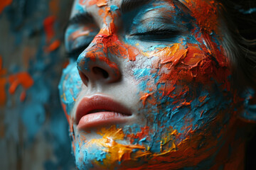 A woman with an orange lipstick. A woman with her face painted in vivid shades of blue and orange.