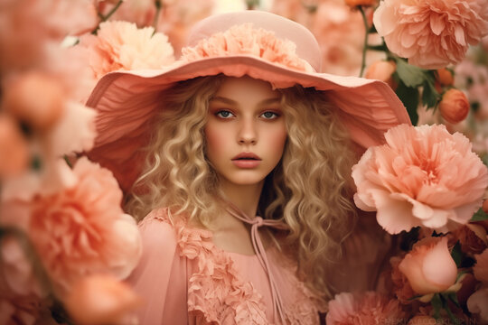Portrait of a young blonde girl with curly hair in a pink hat and dress surrounded by pink flowers