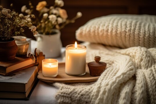  relaxing image of a soft knitted blanket draped on the bed, candle, cup of tea. Cozy knit  bedroom concept. Hygge style.