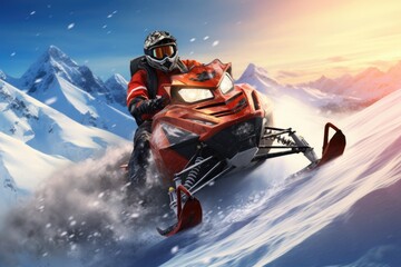 An adventurous man enjoys the thrill of riding a snowmobile atop a majestic snow-covered mountain, Rider on the snowmobile in the mountains active drive, AI Generated