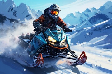 An action shot of a man riding a snowmobile down a snow-covered slope during winter, Rider on the snowmobile in the mountains active drive, AI Generated