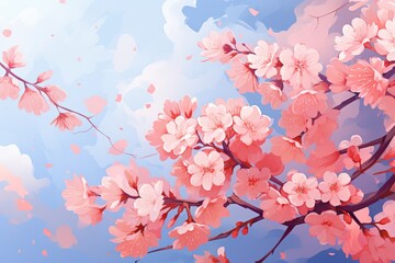 A vibrant painting featuring pink flowers against a serene blue background, Sakura, Cherry blossom, Spring flowers, Floral background, AI Generated