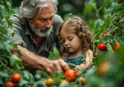 An adult with a little girl picking tomato plants. An older man and a young girl are seen picking ripe tomatoes in a vegetable garden.