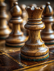 Fototapeta premium Chess pieces are on a wooden board. A detailed and close-up view of a wooden chess board with intricately carved chess pieces.