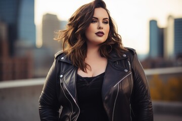 Fototapeta premium Woman Wearing Black Top and Leather Jacket, Full Body Portrait Against a White Background, Stylish plus size women in a black leather jacket against a blurry city background, AI Generated