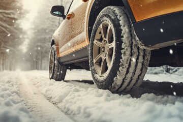 A vibrant yellow jeep confidently navigates through the snowy terrain, creating a thrilling winter experience, SUV car on snow road, Tires on snowy highway detail, AI Generated