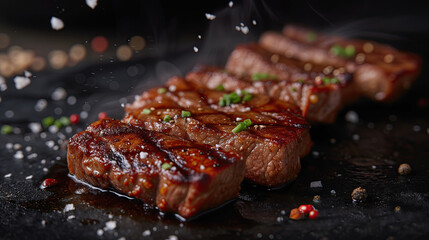 Thick slabs of beef marinated in soy sauce and grilled with salt, Japanese food style, on a black background. - obrazy, fototapety, plakaty