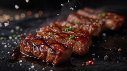 Foto op Aluminium Thick slabs of beef marinated in soy sauce and grilled with salt, Japanese food style, on a black background. © PT