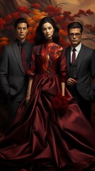 Radiant figures adorned in glamorous attire against a backdrop of deep burgundy