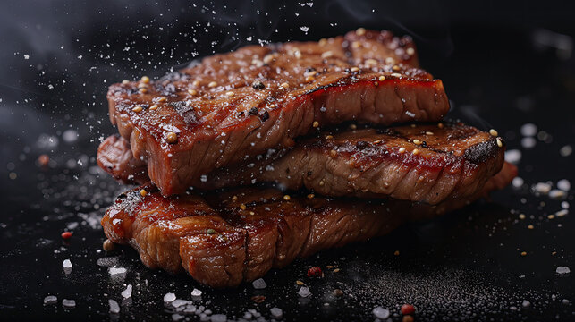 Thick slabs of beef marinated in soy sauce and grilled with salt, Japanese food style, on a black background.