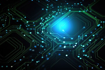 Obraz premium A computer circuit board displaying a blue light in its center, symbolizing technology, connection, and power, Technology background vector abstract futuristic circuit board hexagonal, AI Generated