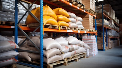 Hangar warehouse with big white polyethylene bags of industrial and logistics companies. - obrazy, fototapety, plakaty