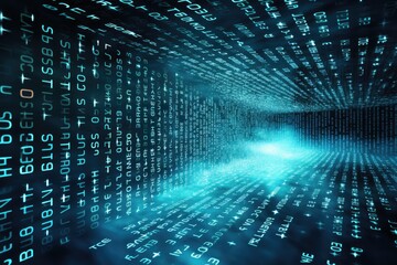 A mesmerizing photograph captures the darkness of a tunnel engulfed by an overwhelming array of numbers, Terabytes of binary code data flying in a stream of information, AI Generated