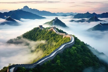 Aerial View of the Great Wall of China, Iconic Architecture Spanning Ancient Chinese Empire, The Great Wall of China in the mist, lying long, surrealist view from drone photography, AI Generated