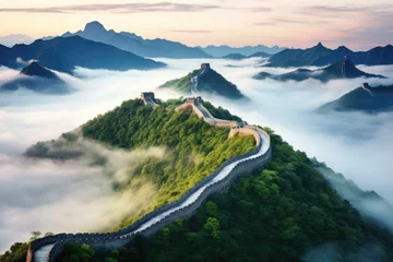 Papier Peint photo autocollant Mur chinois Aerial View of the Great Wall of China, Iconic Architecture Spanning Ancient Chinese Empire, The Great Wall of China in the mist, lying long, surrealist view from drone photography, AI Generated