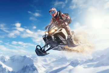 Fototapeta na wymiar Experience the adrenaline rush as a man rides his snowmobile at high speeds through a snowy landscape, the guy is flying on a snowmobile on a background of blue sky, AI Generated