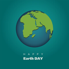 Poster, banner, postcard design for Earth Day. Our planet Earth in the form of a 3D model. Continents in green with shadow. Birch green background. Saving the Ecosystem