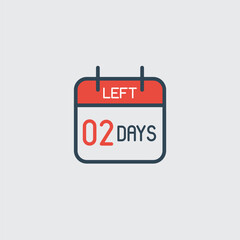 Countdown daily page calendar icon 02 days left. Number day to go. Agenda app, business deadline, date. Reminder, schedule simple pictogram. Countdown for sale, promotion