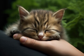 A small, precious kitten takes a cozy nap in the gentle embrace of a persons hand, The kitten sleeps in my palm, AI Generated