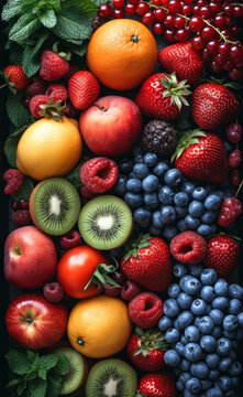 Fruit and vegetable image wallpapers. Freshest most nutritious foods around. A vibrant collection of various fresh fruits and vegetables arranged together in a visually appealing arrangement.