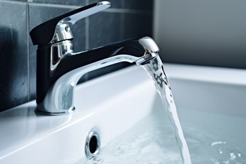 An up-close photo showcasing a faucet with water flowing out, illustrating a basic household plumbing feature, Water faucet faucet, Running water in bathroom with sink, AI Generated