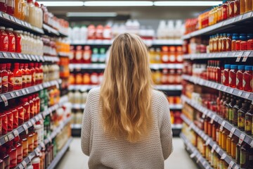 A woman carefully inspects the variety of canned food options available in a grocery store aisle, woman comparing products in a grocery store, AI Generated