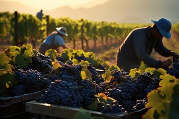 Two men can be seen picking grapes in a beautiful vineyard as the sun sets in the background,...