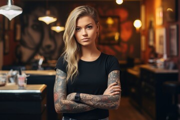 A woman with tattoos standing confidently in a modern and stylish restaurant, showcasing her unique personal style, Young attractive female tattoo artist in a tattoo parlor, AI Generated