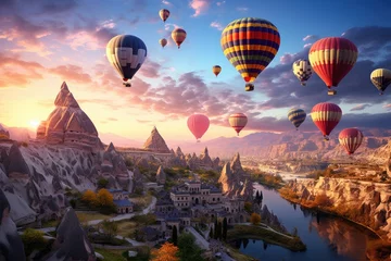 Foto auf Glas A vibrant scene of multiple hot air balloons gracefully floating in the air, creating a breathtaking spectacle, Majestic hot air balloons floating over Cappadocia, AI Generated © Iftikhar alam