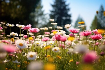 Field Full of Pink and White Flowers, Meadow with lots of white and pink spring daisy flowers and yellow dandelions in sunny day, AI Generated