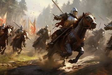 A gathering of men joyfully riding on horses backs through beautiful rural landscapes, Medieval knights charging towards each other on a battle field, AI Generated