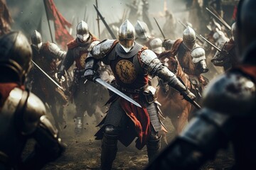 A group of armored men on powerful horses, charging fearlessly towards the battlefield ready to engage in combat, Medieval knights charging towards each other on a battle field, AI Generated - obrazy, fototapety, plakaty