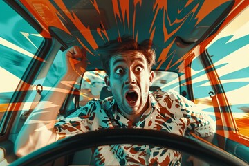 3d retro abstract creative artwork template collage of funny man driving car shocked nervous scream billboard comics zine minimal concept