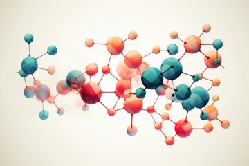 Colorful balls in different shades of blue and orange are suspended in mid-air., Mono single amino acid molecule graphic design deocaration, AI Generated