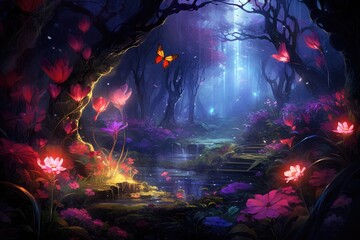 A vibrant painting depicting a forest filled with colorful flowers and graceful butterflies., A stunning butterfly garden filled with multiple species, AI Generated
