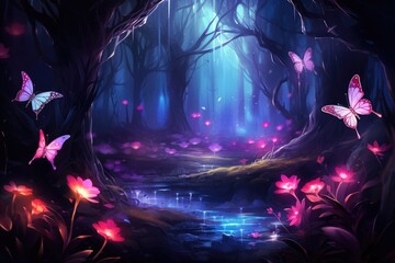 A picturesque forest scene teeming with an abundance of pink butterflies gracefully fluttering amidst the lush greenery., A stunning butterfly garden filled with multiple species, AI Generated