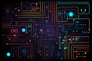 A vibrant abstract background featuring numerous lines in different colors., Neon circuit pattern on a dark background, AI Generated