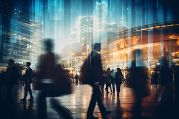 Natural bokeh of city centre view, blurred out of focus background. Abstract beautiful backdrop for text or advertising. Unfocused buildings and people