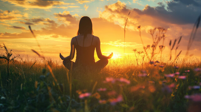 Beautiful meditation woman silhouette in sunset aura, in the nature, sitting on the grass. Yoga practice  relaxation for community with nature and earth.  