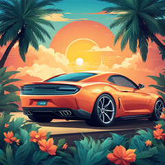 tropical summer time vacation car vector illustration with summer background