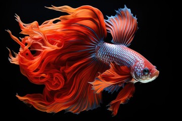 Fototapeta premium Vibrant Red and Yellow Fish Swimming Amidst Black Background with Artistic Fire and Water Elements, Grunge Texture, and Nature-inspired Design
