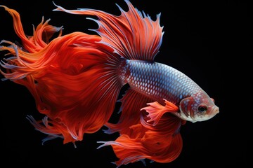 Fototapeta premium Vibrant Red and Yellow Fish Swimming Amidst Black Background with Artistic Fire and Water Elements, Grunge Texture, and Nature-inspired Design