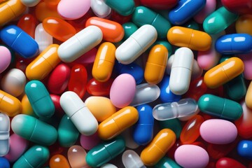 A collection of diverse pills in vivid colors, offering a range of medicinal options., Pile of colorful medicine pills and capsules in blister packs, AI Generated