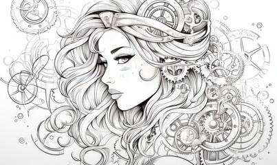 A drawing of a woman wearing a hat with gears on it