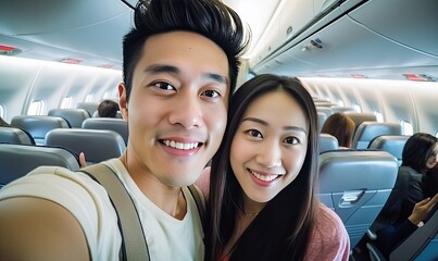 Fototapeta na wymiar A man and a woman taking a selfie in an airplane