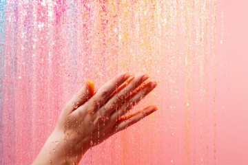 An image capturing a persons hand emerging from a steady stream of water in a shower, Rainbow-colored glitter raining down gracefully onto a soft pink backdrop, AI Generated