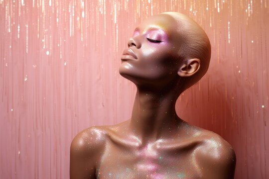 A mannequin stands in front of a vibrant pink wall, Rainbow-colored glitter raining down gracefully onto a soft pink backdrop, AI Generated